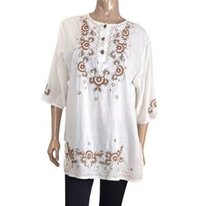 3/$20 Yihao Boho Embroidered Tunic Top Womens Size Medium White Brown Hippie